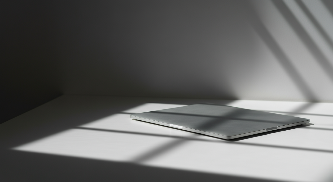 Closed silver laptop on white surface with shadows from window blinds