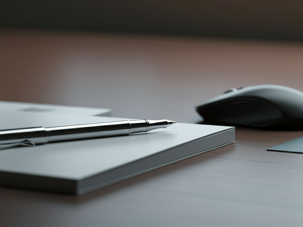 A silver pen resting on a closed white notebook, with a computer mouse nearby on a wooden desk.