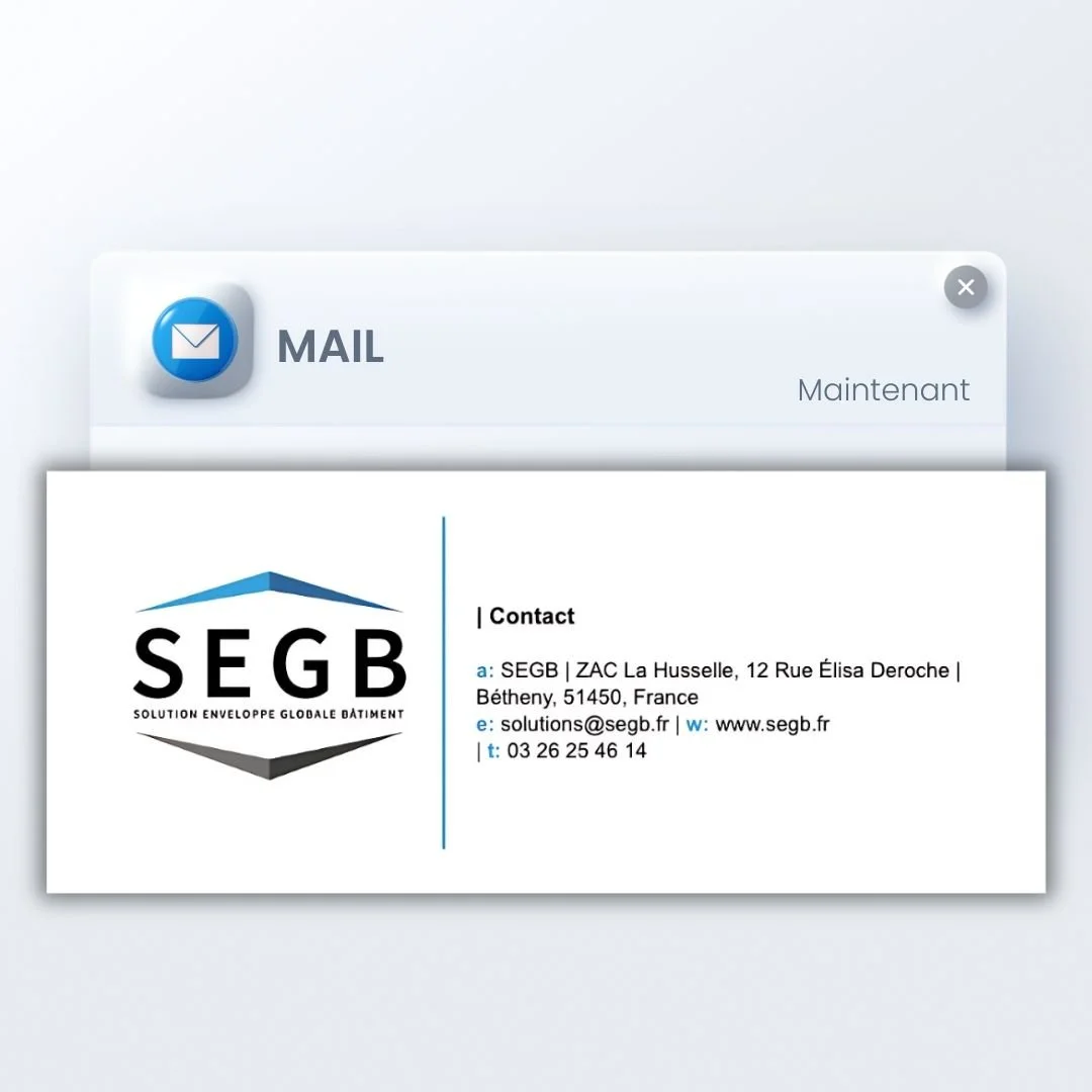 SEGB &ndash; Enveloppes techniques industrielles (51)
🏗️ Des projets complexes, une communication simple
Pour SEGB, acteur reconnu dans la conception et la r&eacute;alisation d&rsquo;enveloppes techniques, nous avons r&eacute;alis&eacute; une signat
