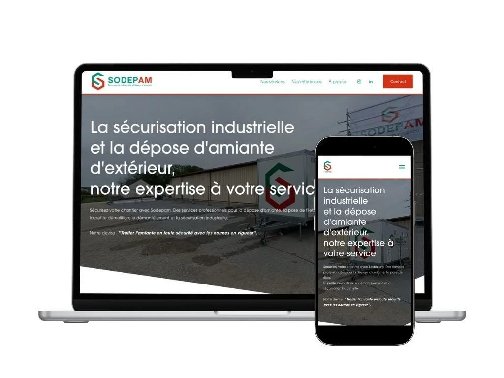 💻 Une vitrine digitale claire et professionnelle
Conception du site internet vitrine de SODEPAM :
✔ Pr&eacute;sentation des expertises (d&eacute;samiantage &amp; s&eacute;curisation industrielle)
✔ Valorisation des interventions
✔ Design moderne et 