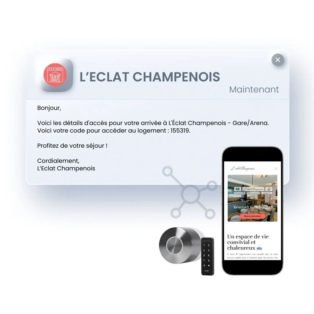 🔑 Acc&egrave;s intelligent &amp; s&eacute;jour simplifi&eacute;
Mise en place d&rsquo;une serrure connect&eacute;e avec codes g&eacute;n&eacute;r&eacute;s automatiquement &agrave; chaque r&eacute;servation. 
➡ Envoi automatis&eacute; des messages au