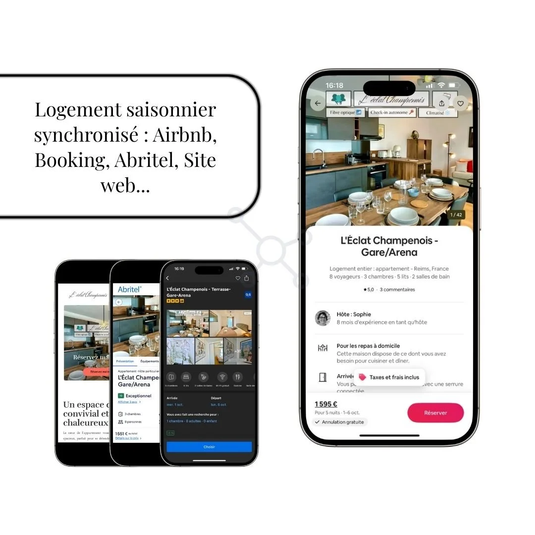 🌍 Visibilit&eacute; maximale, gestion centralis&eacute;e
Cr&eacute;ation des annonces de L&rsquo;&Eacute;clat Champenois et connexion entre Airbnb, Booking, Abritel et site internet.
➡ Calendriers &amp; tarifs synchronis&eacute;s pour &eacute;viter 