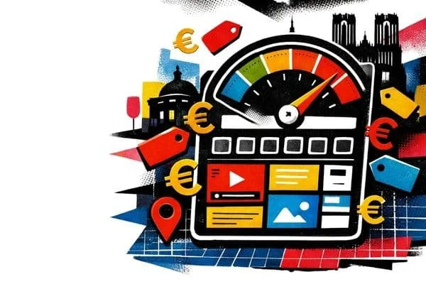 Illustration de vitesse de connexion internet ou de performance numérique avec un tableau de bord, des icônes, des symboles monétaires, une jauge avec une flèche pointant vers le haut, et des éléments graphiques représentant la technologie et la finance.