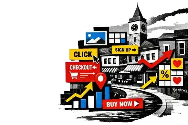 Une illustration représentant diverses icônes et graphismes liés au commerce en ligne et au marketing numérique, avec des flèches et des boutons d'appel à l'action comme « CLICK », « SIGN UP », « CHECKOUT » et « BUY NOW ».