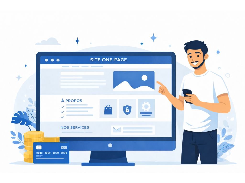 Illustration d’un site one-page : une page unique avec sections claires (services, preuves, contact) pour une présence en ligne simple et efficace.