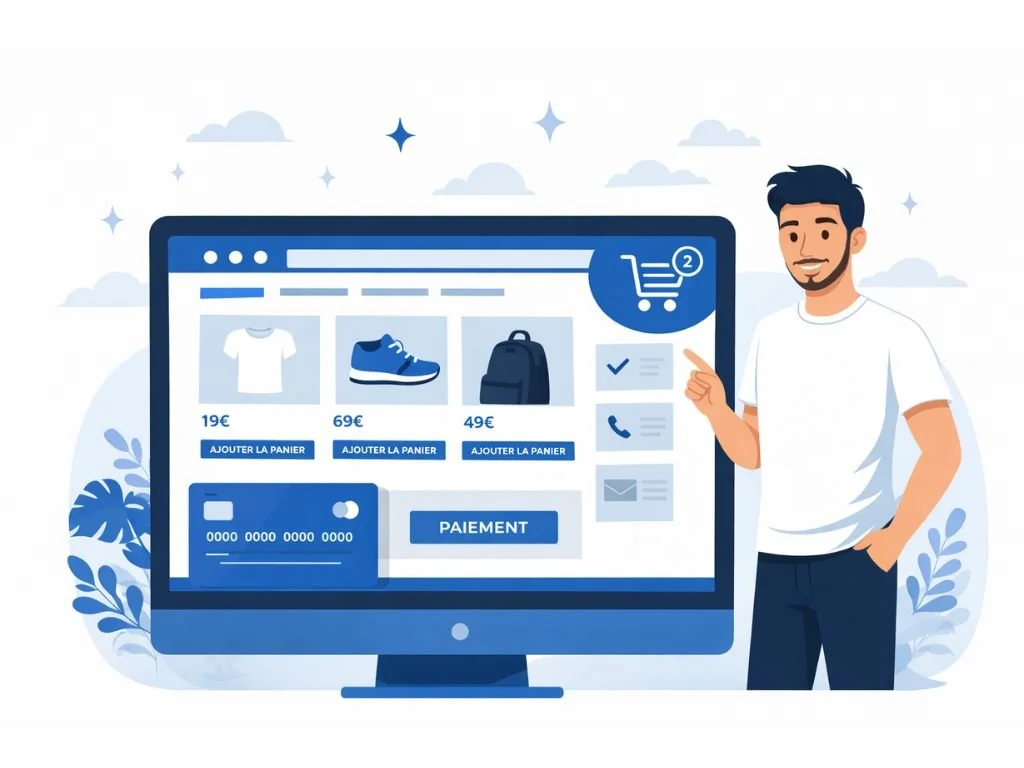 Illustration d’un site e-commerce avec fiche produit, panier et paiement, pour vendre en ligne avec une boutique simple à gérer.