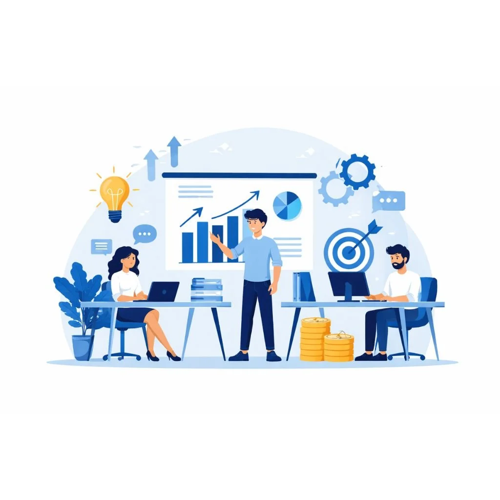 Petite équipe en réunion autour d’un écran, pour représenter une TPE ou PME qui veut un site internet professionnel et clair.