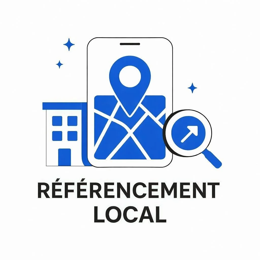 Illustration du référencement local : carte sur smartphone, marqueur et loupe.
