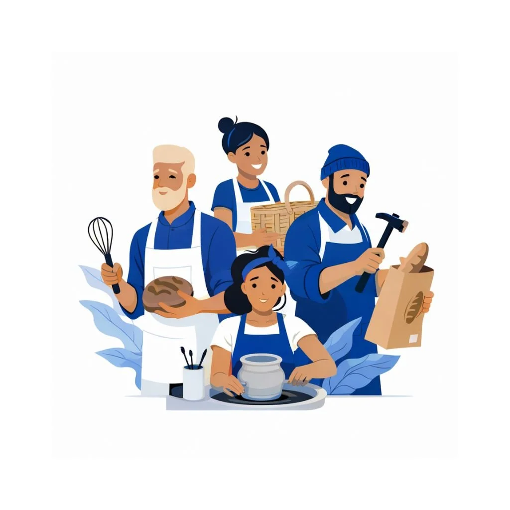 Illustration de plusieurs artisans et métiers locaux à Reims (bâtiment, restauration, commerce) représentés de façon simple et moderne.