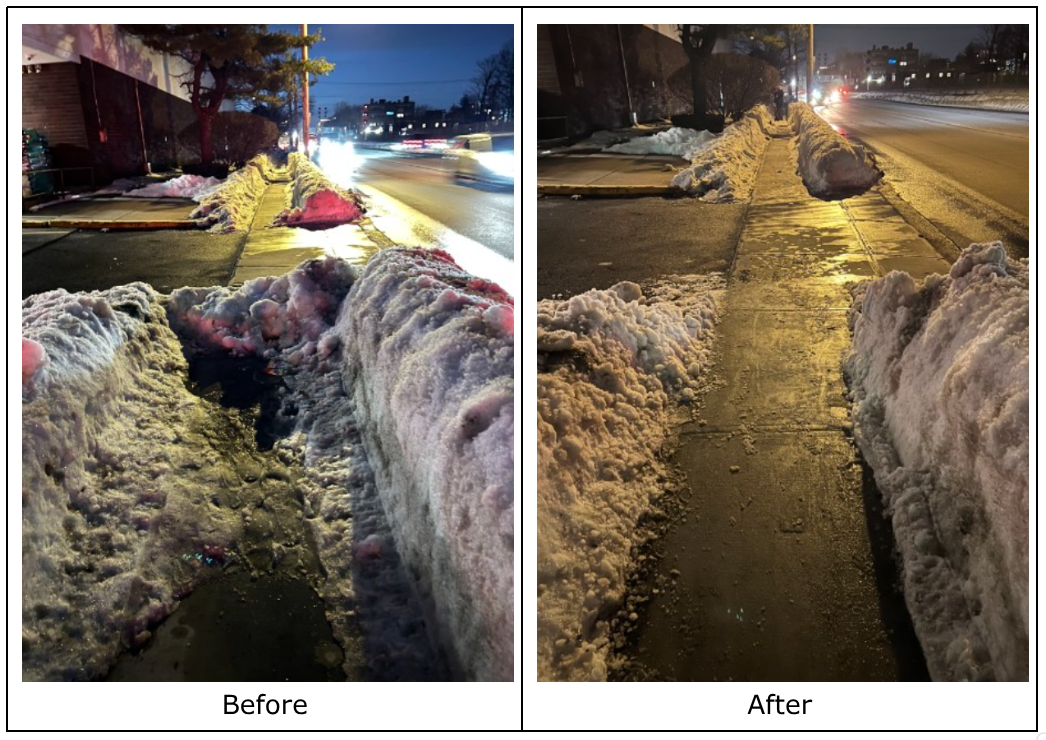 Two pictures of a sidewalk on Newport Avenue showing "before" and "after" snow removal