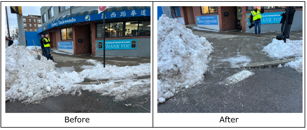 Two pictures showing a "before" and "after" snow removal at an intersection on Newport Avenue