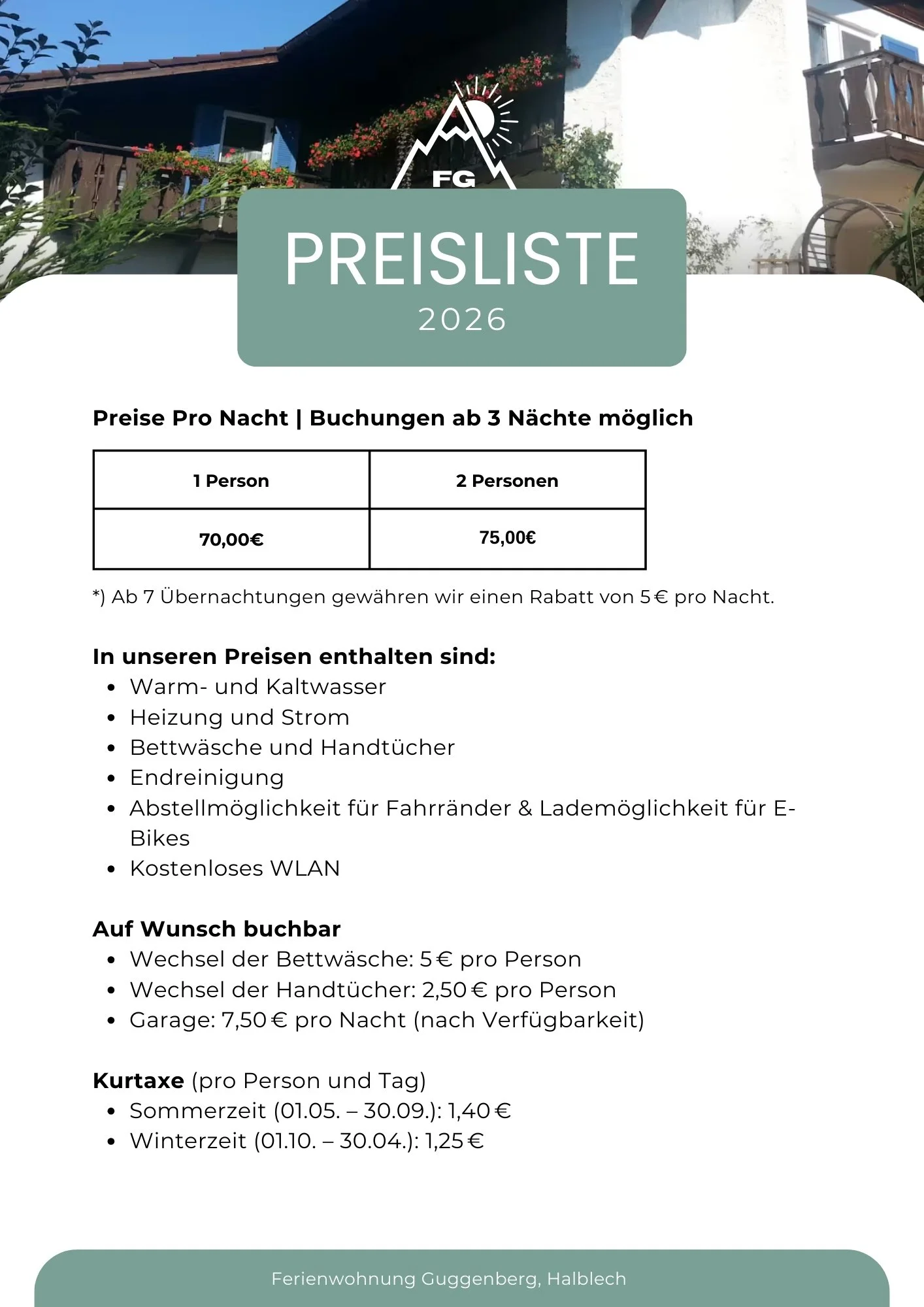 Preisliste für Ferienwohnung Guggenberg in Halblech, 2026, mit Preisen ab 3 Nächten, Unterkunftsdetails, enthaltene Leistungen, Buchungsoptionen und Kurtaxen.