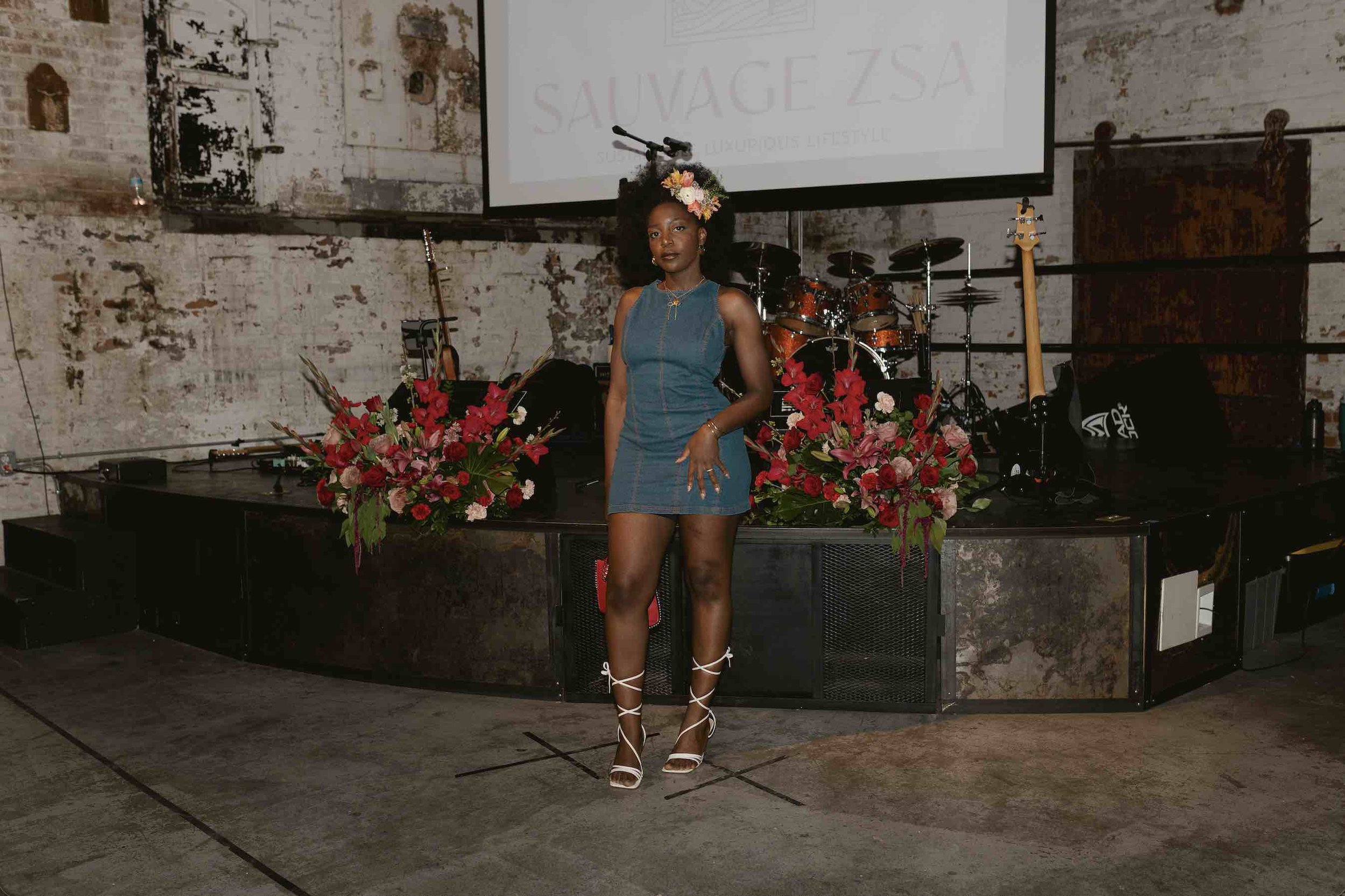 Sauvage Zsa feat. model Chelsea. Secondary pose point on our runway featured the brand name on a projector for better brand recognition. PC: Anna Copley Photography