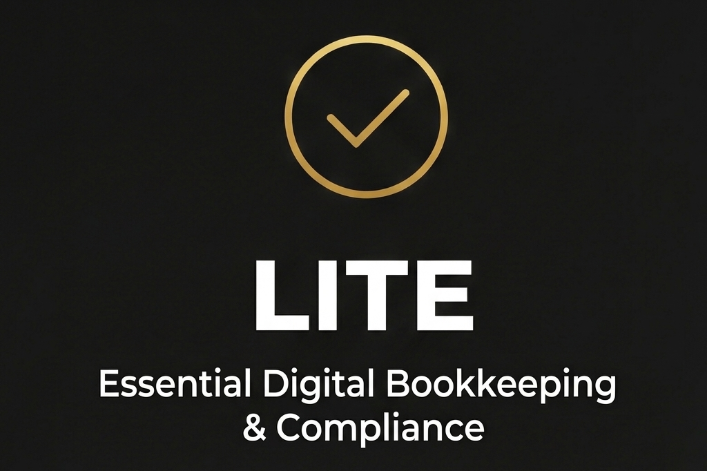 Black background with a gold check mark inside a circle at the top, the word "LITE" in large white letters in the middle, and the text "Essential Digital Bookkeeping & Compliance" below.