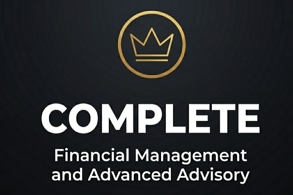 Logo with a gold crown inside a gold circle, and the text 'COMPLETE Financial Management and Advanced Advisory' on a black background.