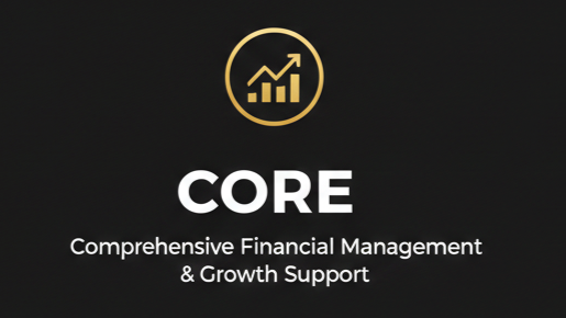 Logo with upward trending bar chart inside a circle, text reads 'CORE' and 'Comprehensive Financial Management & Growth Support'.
