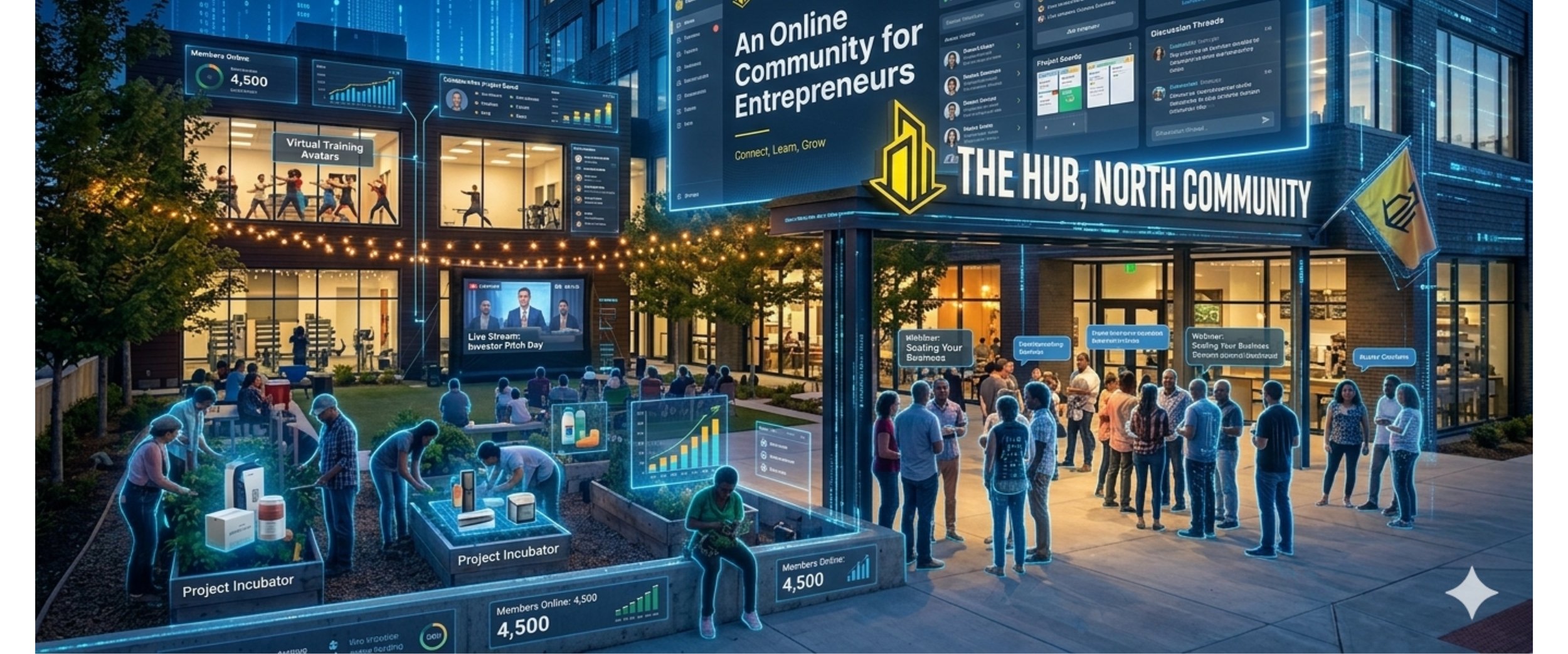 The Hub, North online community for entrepreneurs with people standing around and mingling outside a building
