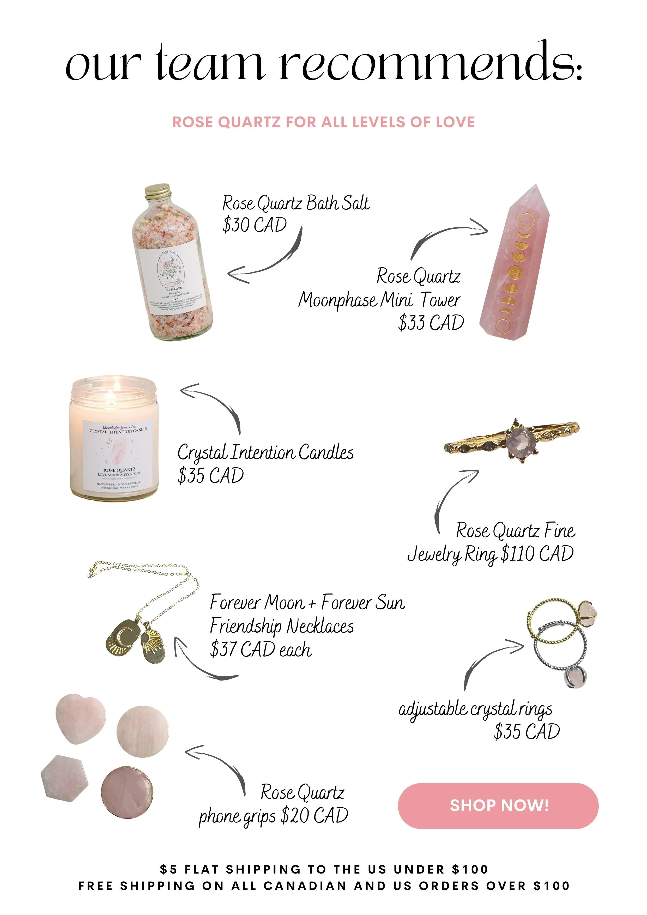 List of recommended items for a team, including rose quartz bath salt, moonphase mini tower, candles, jewelry, necklaces, phone grips, and rings, with prices in Canadian dollars.