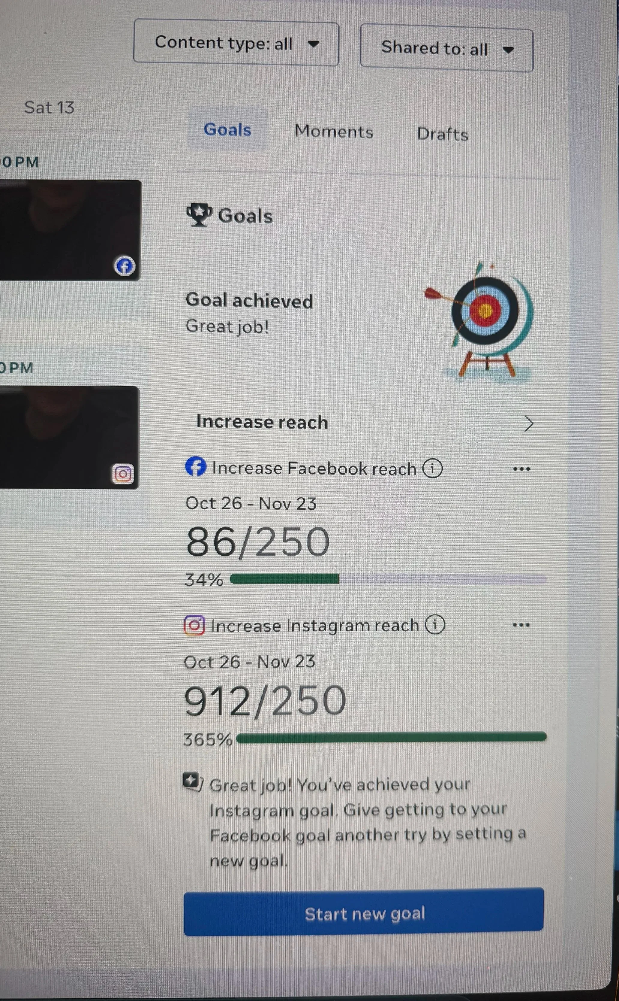 Screenshot of social media analytics showing goal achievements, with a target icon, and progress bars for Facebook and Instagram reach.