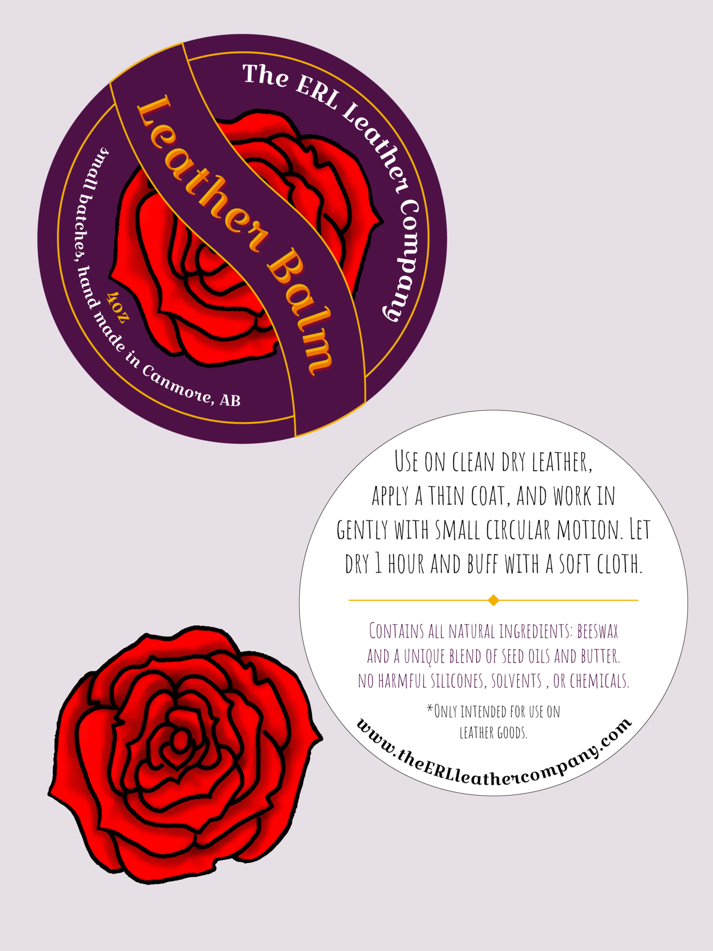 A circular label for Leather Balm by The ERL Leather Company featuring a red rose illustration on a purple background, and a white informational circle with usage instructions and ingredients, including a website URL.