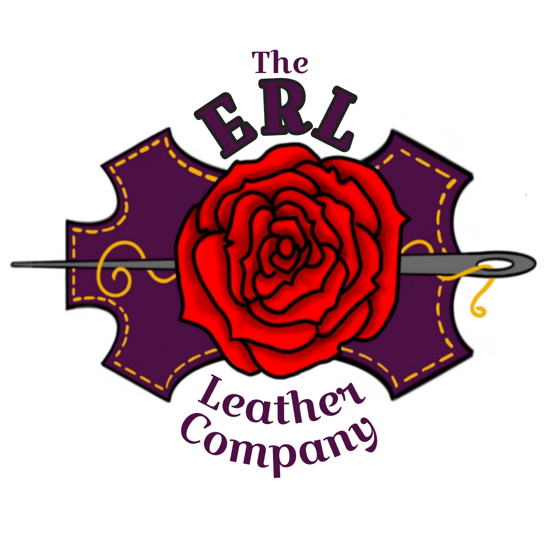 Logo of The Pearl Leather Company featuring a red rose and a purple background with yellow stitching, with the company name around the rose.