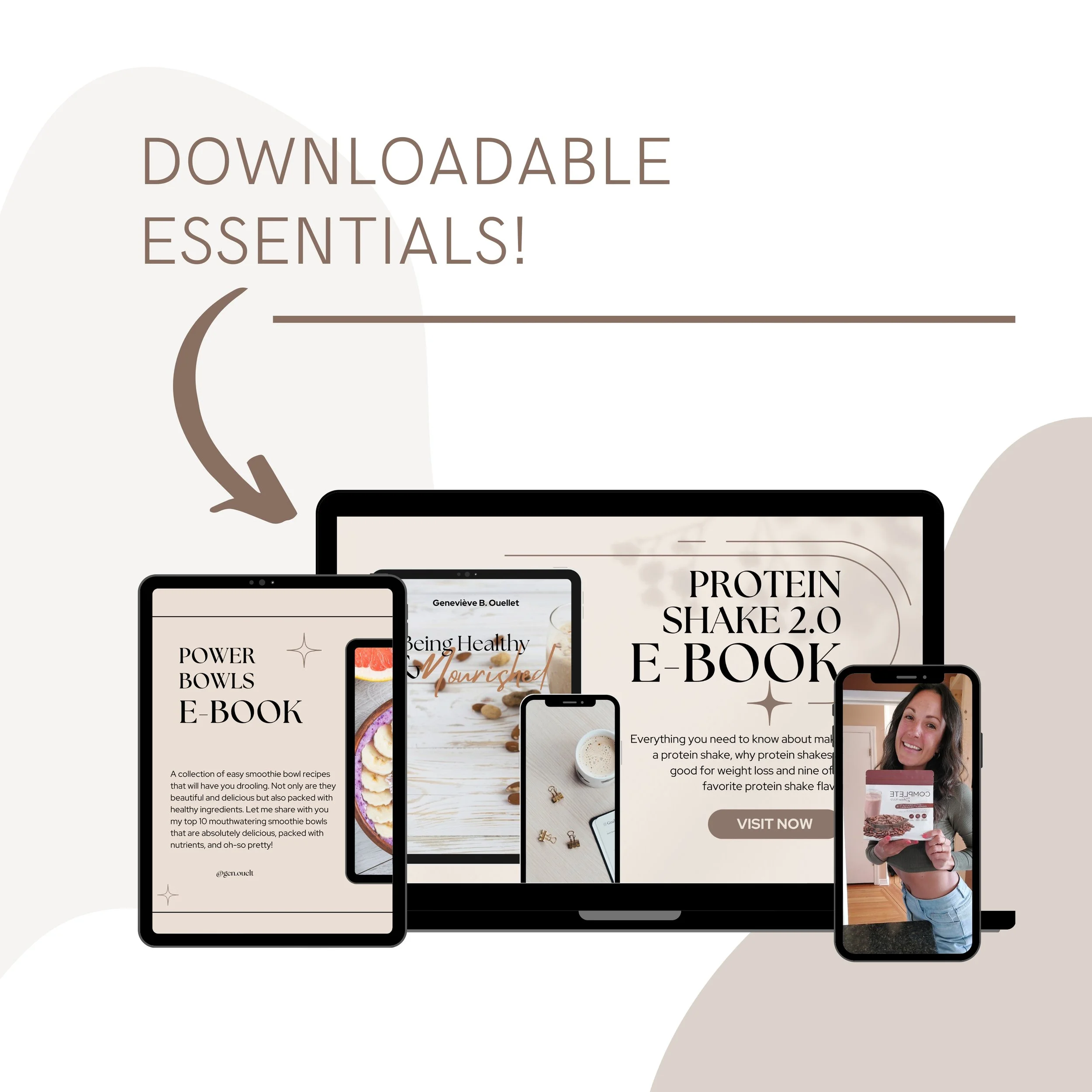 Digital devices displaying downloadable health e-books about protein shakes and power bowls with a woman holding a product in front of a mirror.