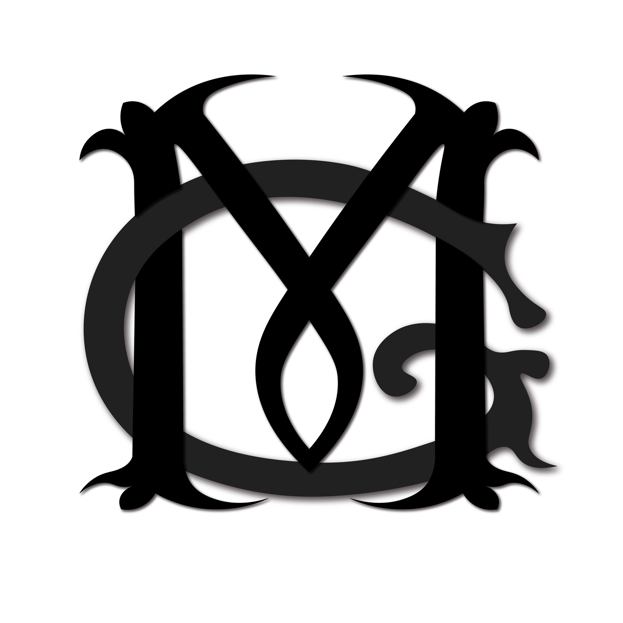 A black and white graphic of a stylized monogram with overlapping letters and ornate decorative elements.