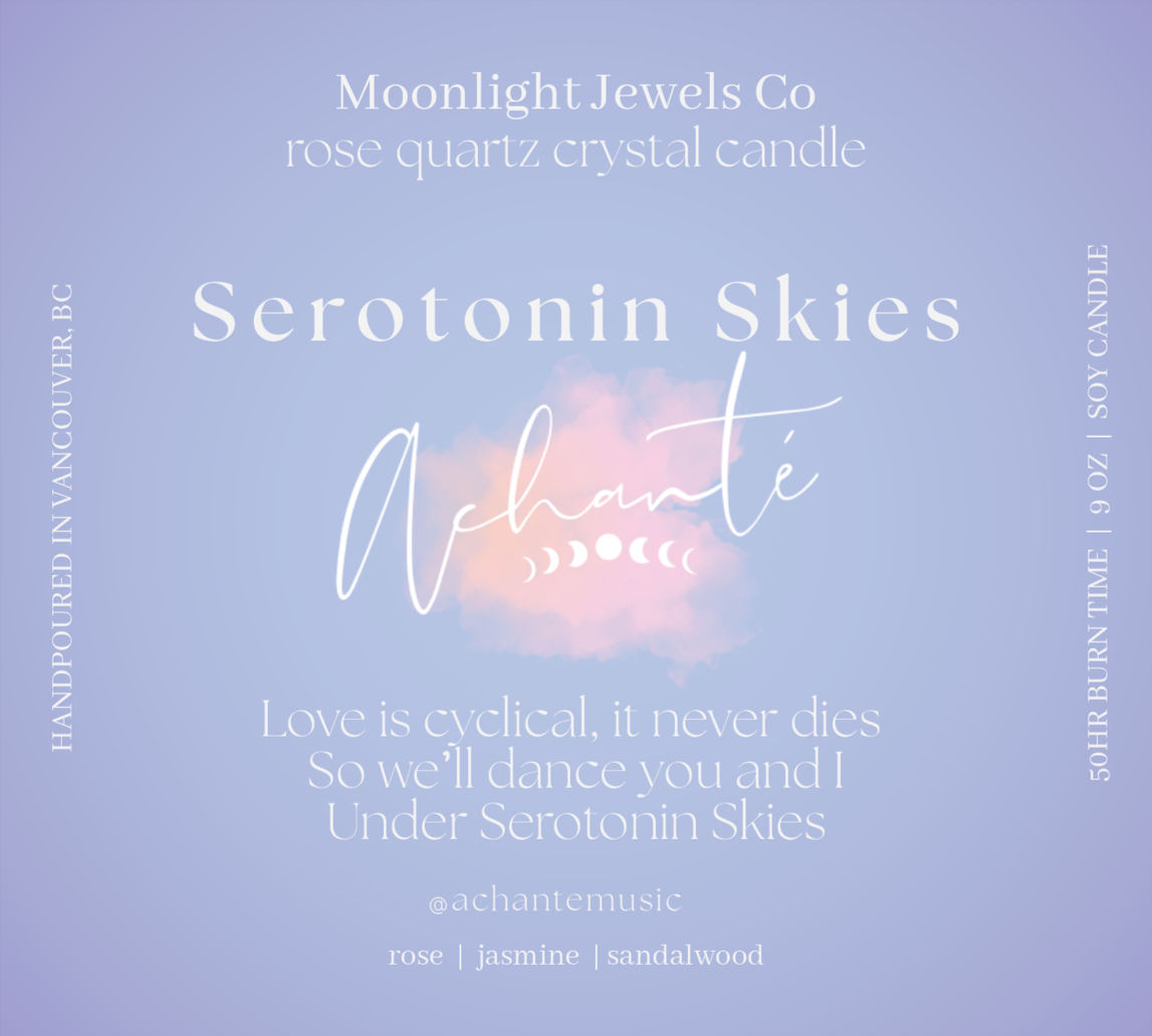 Event poster for 'Serotonin Skies' by Moonlight Jewels Co, featuring soft pastel colors, a cloud with moon phases, and details about the music and ingredients.