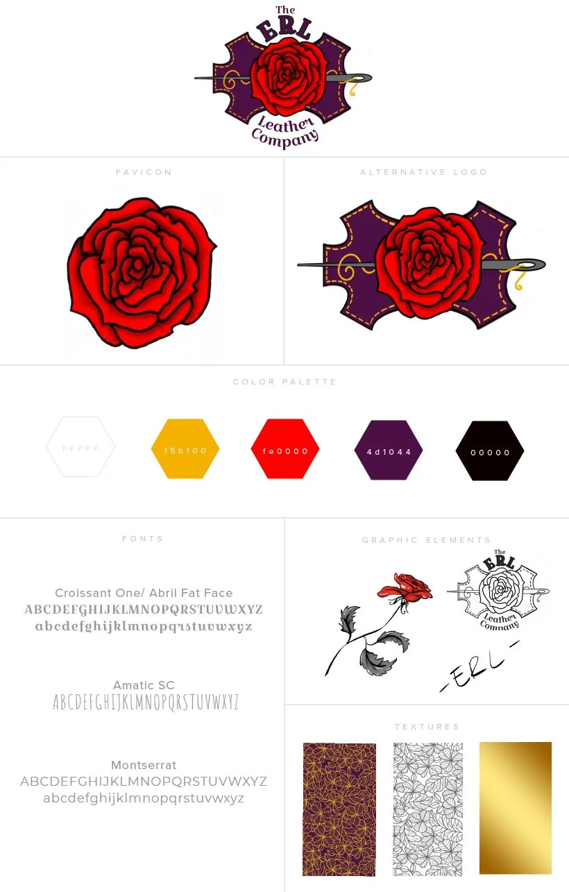 Logo design with a red rose and needle, for The GBL Leather Company, featuring color palette, font options, and graphic elements.