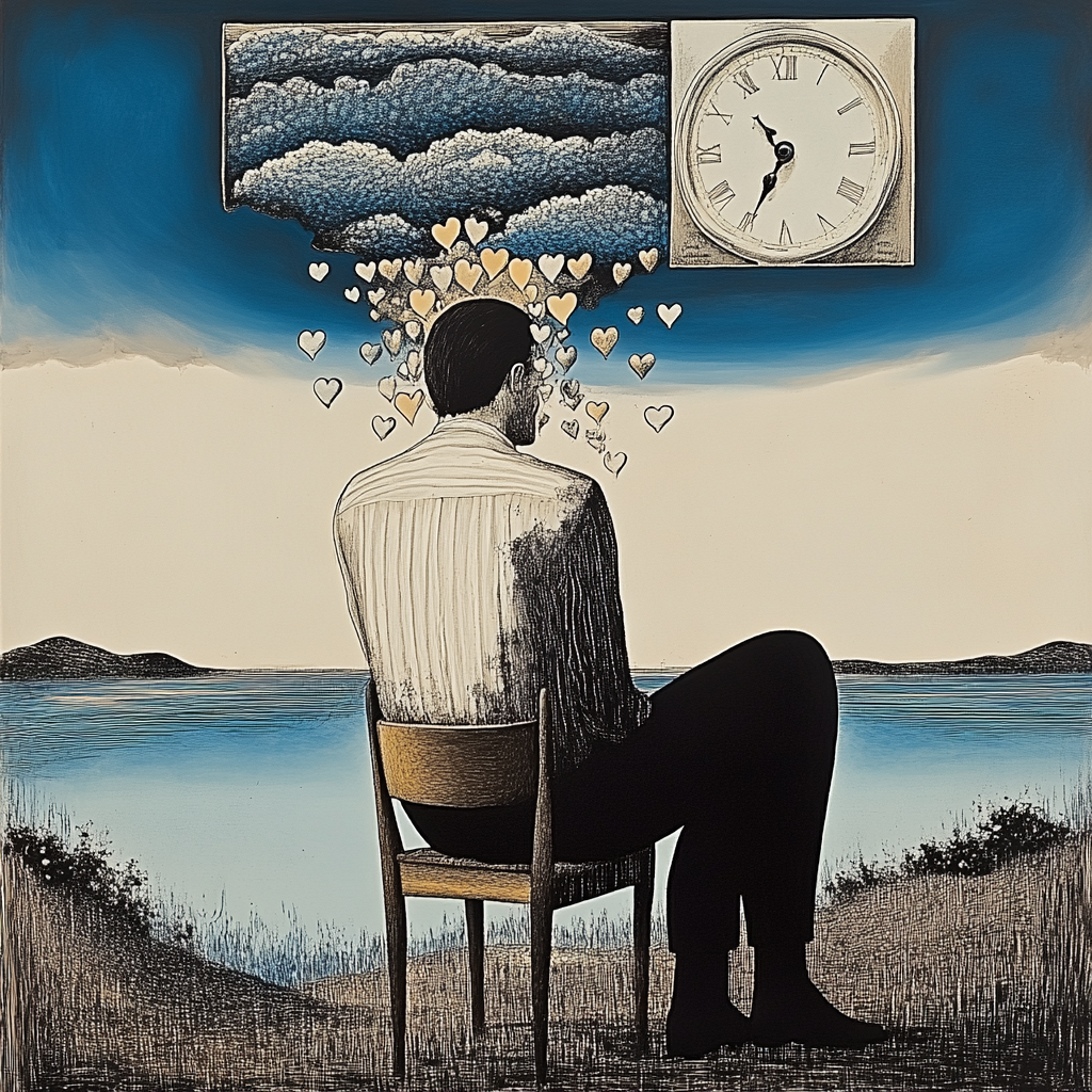 Man alone by the lake reflecting on love, attachment, and emotional pain