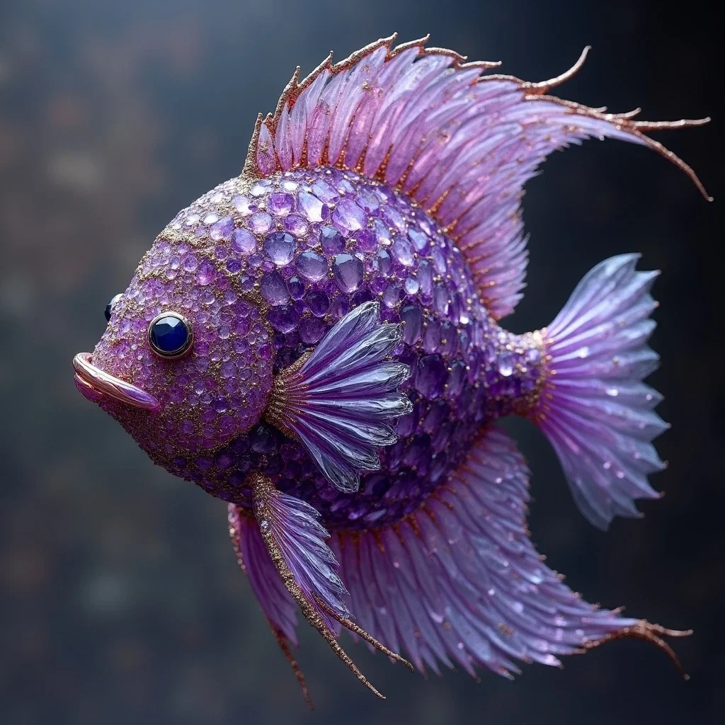 A close-up of a purple ornamental fish with intricate, gemstone-like scales, large black eyes, and flowing fins, resembling a fantasy or animated character.