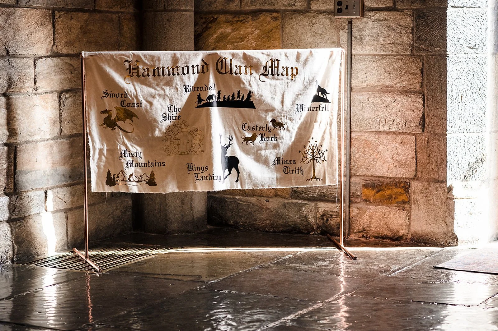 A tapestry titled "Hammond Clan Map" hangs on a wooden and stone wall, featuring various Scottish clan symbols and locations such as Sword Coast, Misty Mountains, Kings Landing, Rivendell, The Shire, Casterly Rock, Winterfell, and Minas Tirith. It in