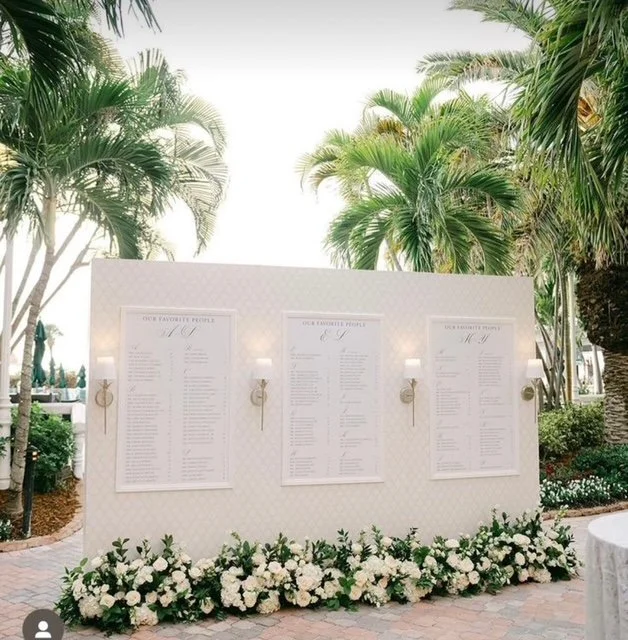 Display board with the title 'Our Favorite People' featuring three lists, set outdoors with palm trees and floral arrangements at the base, illuminated by wall lamps.