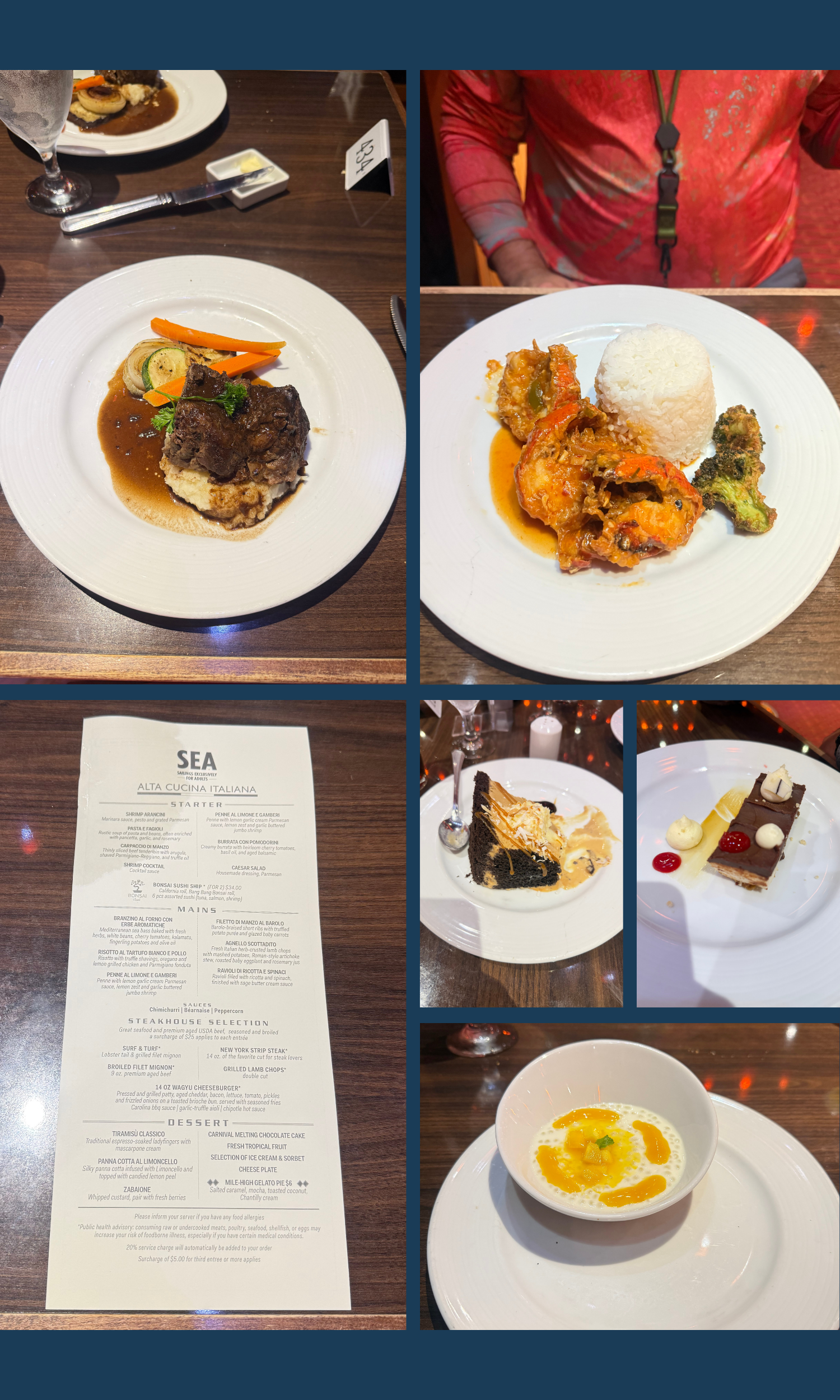 Upgraded dining experience on Carnival SEA Cruise featuring lobster, steak, desserts, and specialty menu items