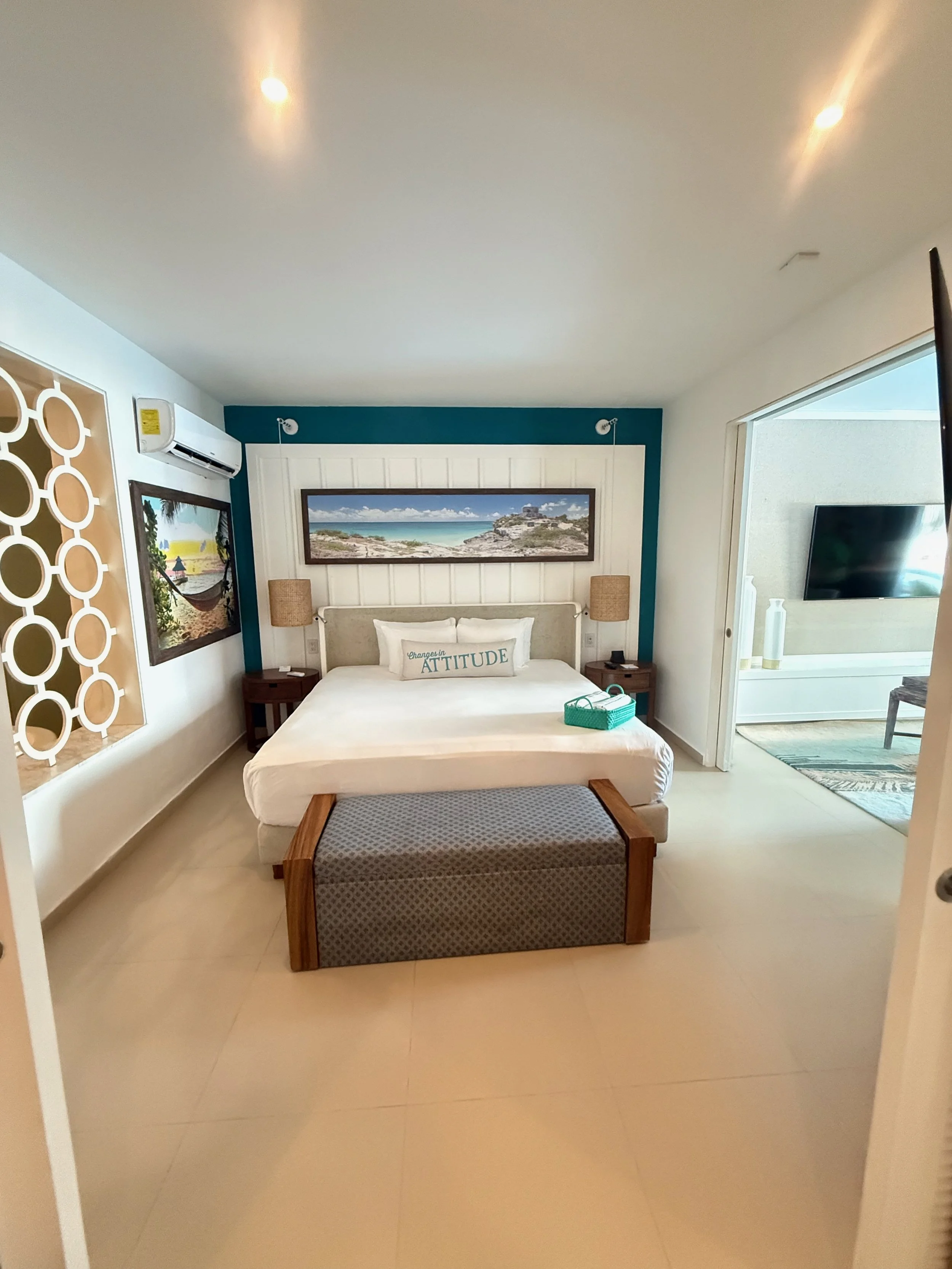 Bedroom in the Presidential Swim-Up Chill Out Suite at Margaritaville Island Reserve Riviera Cancun