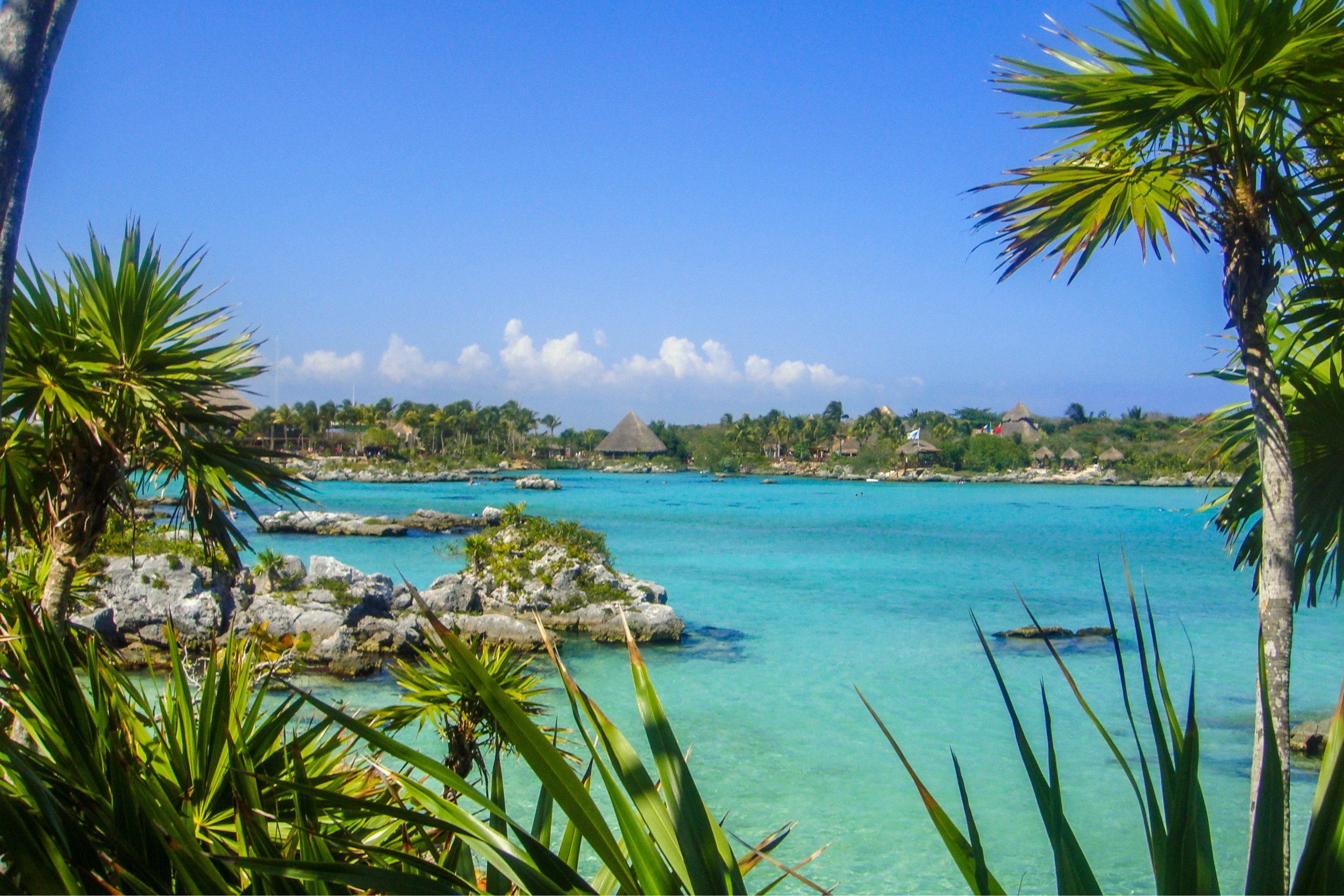Wide view of the clear turquoise lagoon at Xel-Há park, surrounded by tropical vegetation in Riviera Maya.