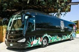 Hotel Xcaret Mexico shuttle bus used for airport transportation and transfers in Riviera Maya Mexico