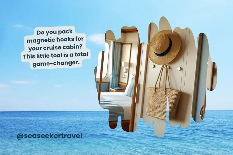 Magnetic hooks in a cruise cabin wall holding a straw hat and tote bag, shown over ocean backdrop with cruise tip overlay