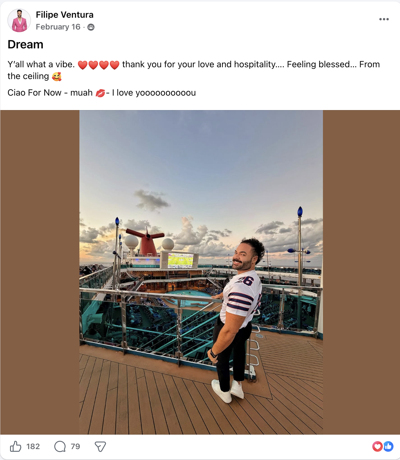 Carnival Cruise Director Felipe Ventura on deck during SEA Cruise aboard Carnival Dream