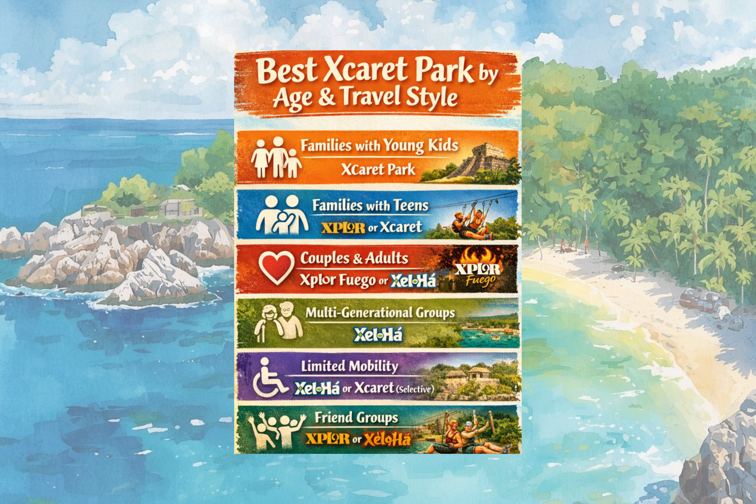 Infographic comparing the best Xcaret parks by age group, mobility level, and travel style.