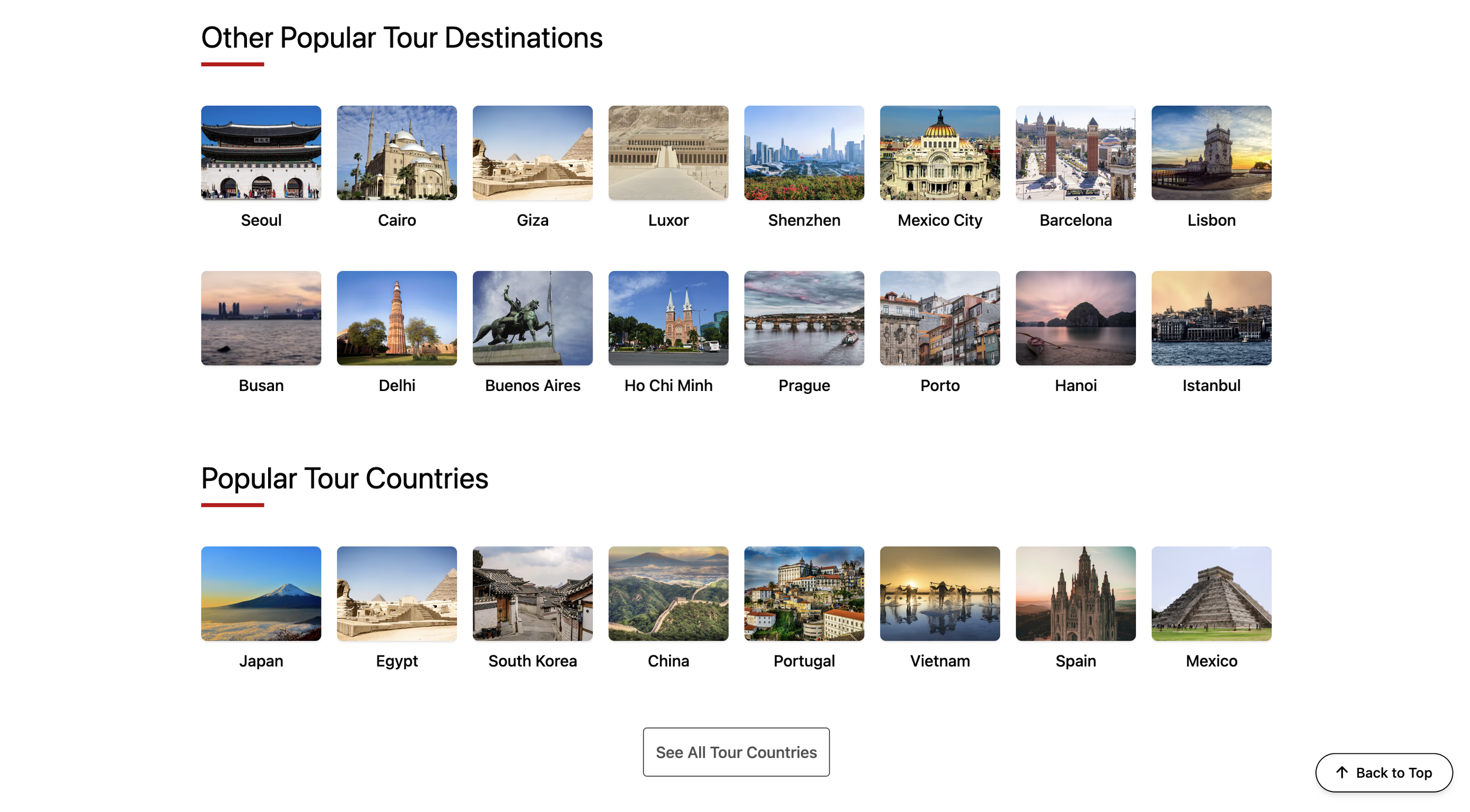 Grid of popular tour destinations and countries available on a global local guide platform