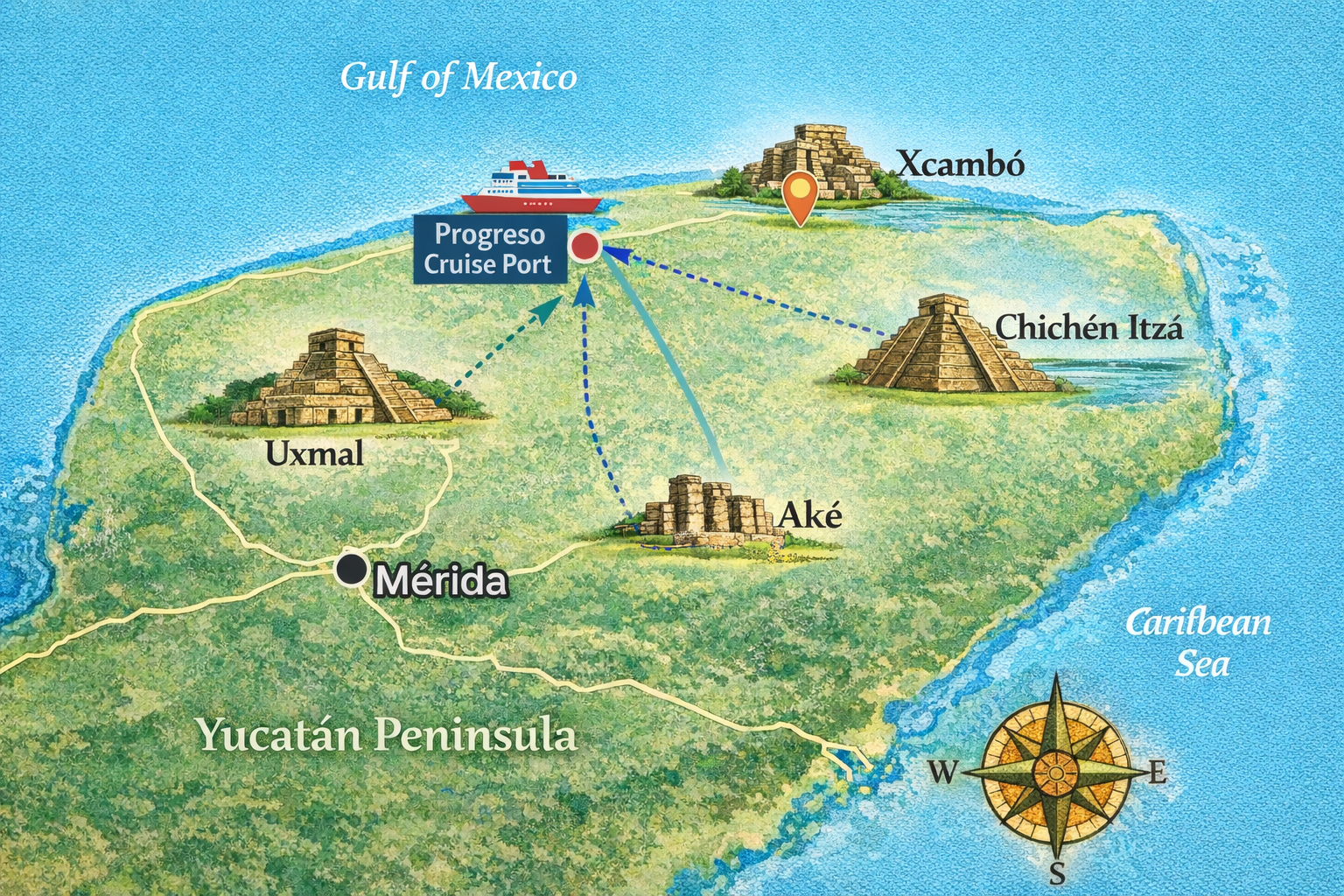 Illustrated map showing locations of Chichén Itzá Uxmal Aké and Xcambó relative to Progreso cruise port in Yucatán Mexico