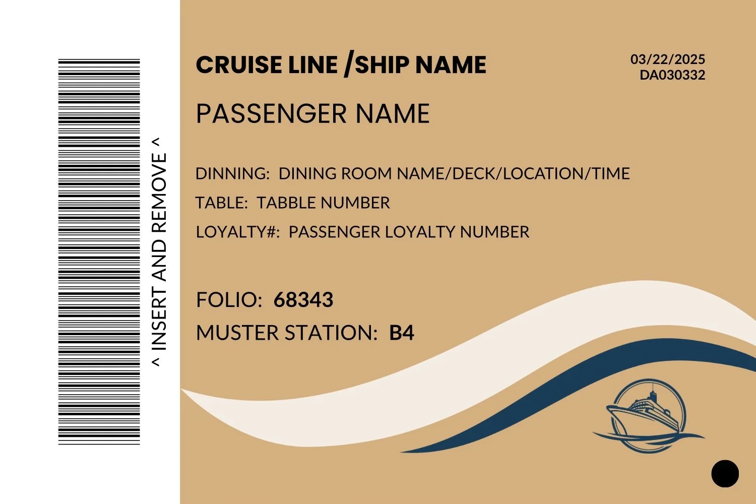 Example of a cruise ship card with passenger and dining info
