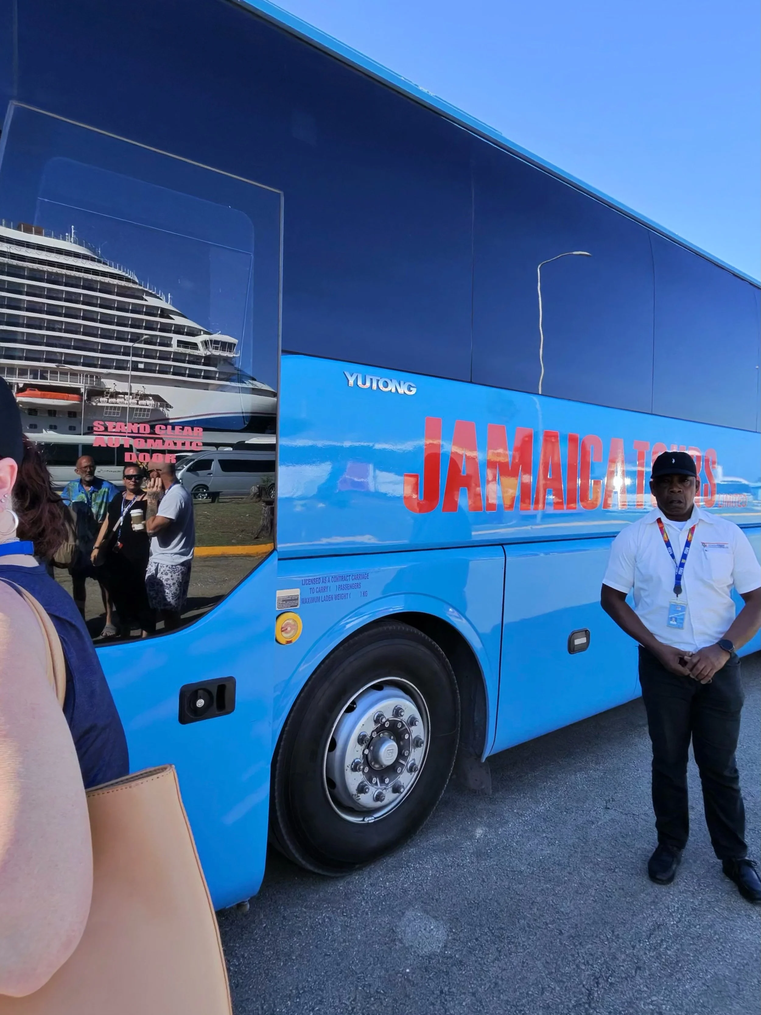 Resort for a Day air-conditioned shuttle bus picking up cruise passengers at the Montego Bay cruise port in Jamaica.