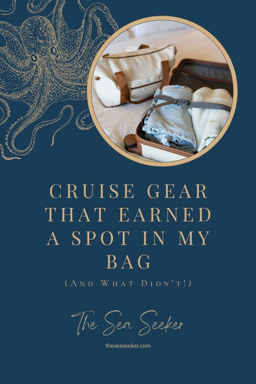 Suitcase with neatly packed cruise clothes and duffel, illustrated with nautical octopus background for The Sea Seeker brand.