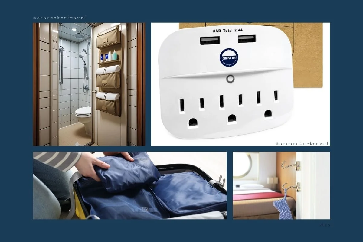Cruise cabin essentials including an over-the-door organizer, USB power strip, packing cubes, and magnetic towel hooks for better onboard organization.