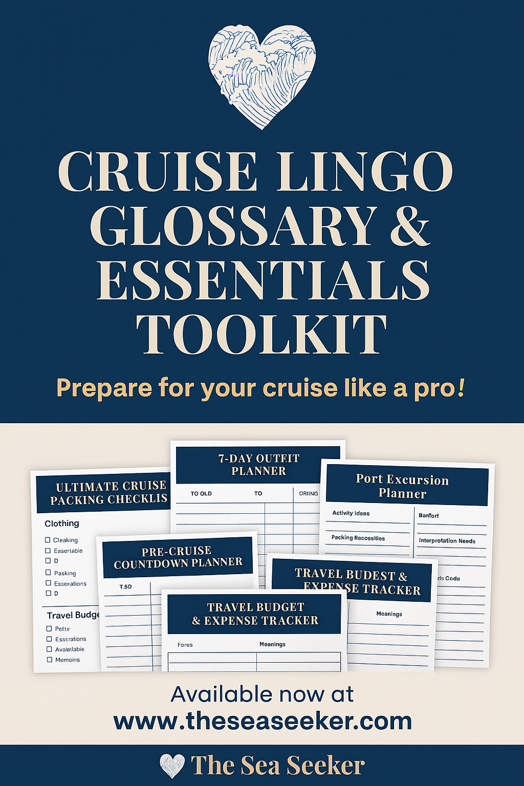 Printable cruise essentials toolkit including outfit planner, packing list, and port excursion sheet