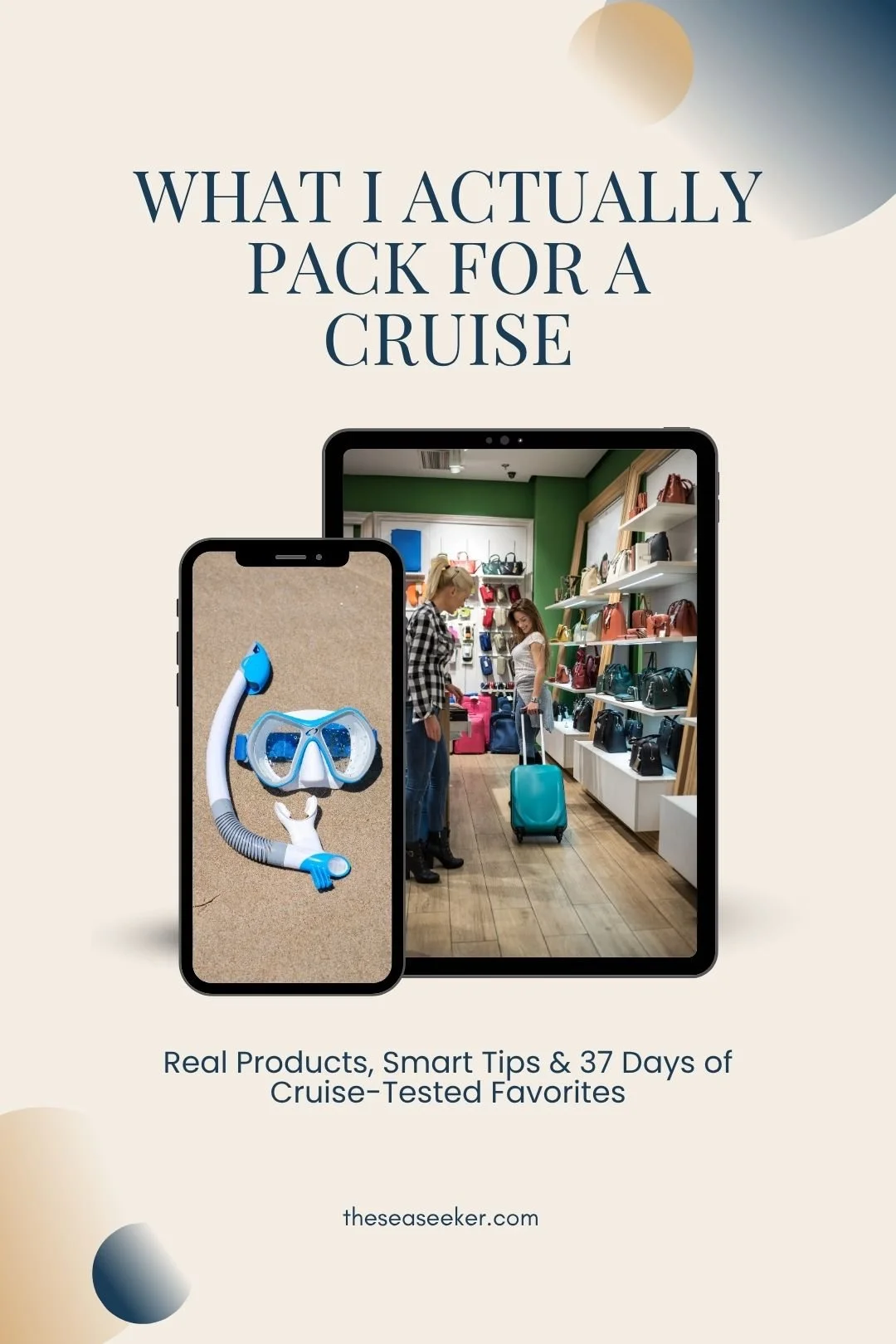 Smartphone and tablet with images of snorkel gear and travel shopping, styled to represent cruise gear and packing prep.