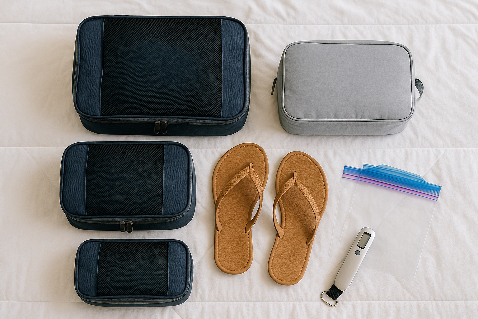 Packing cubes, toiletry bag, Ziplocs and portable scale on a bed