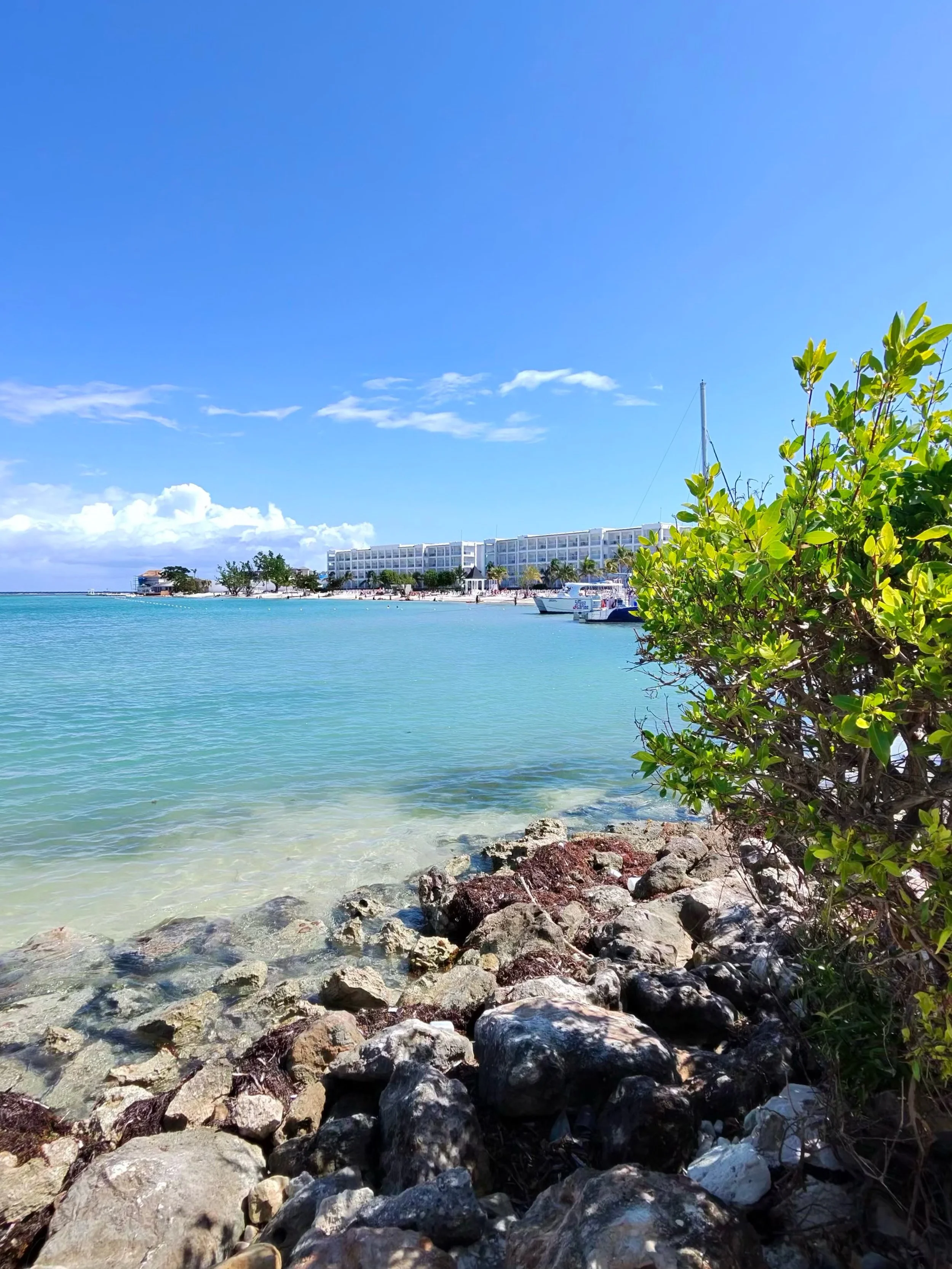 Beachfront view of Riu Montego Bay resort in Montego Bay, Jamaica, with turquoise Caribbean water, rocky shoreline, and resort buildings in the background.